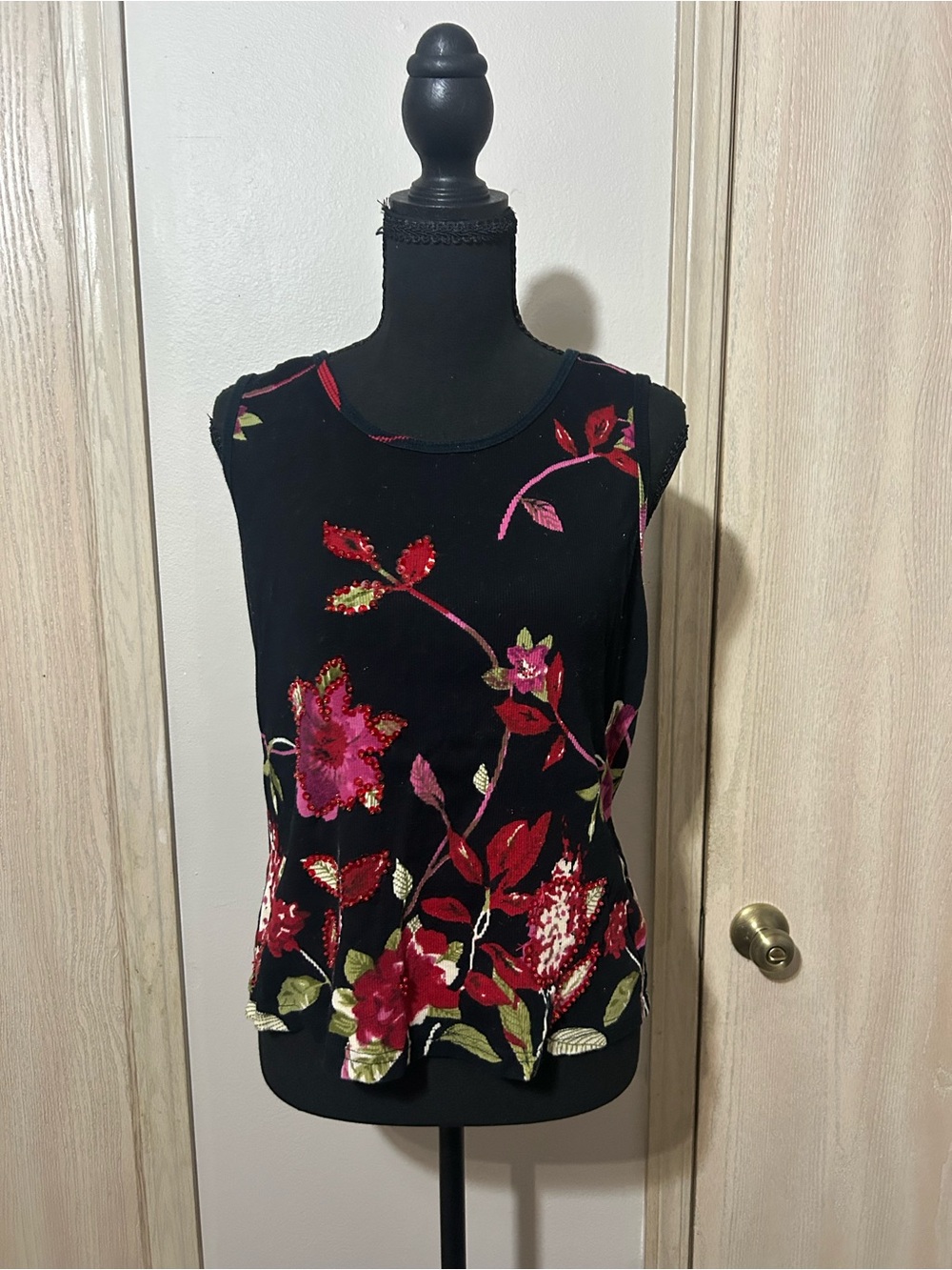 White Stag Black Floral Embroidered Camisole with Red & Pink Accents